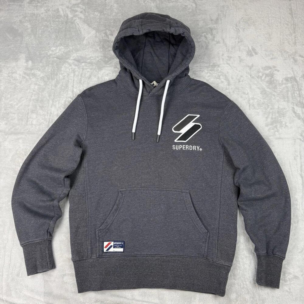 Superdry Grey Pullover Hoodie Logo Pocket Men Sz L Heavy Fleece Relax Streetwear